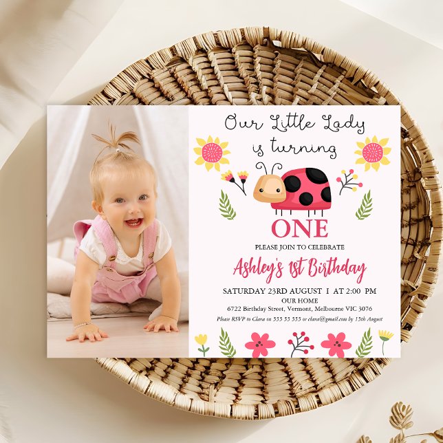 Photo Red Black Little Ladybug 1st Birthday Invitation (Girls Ladybug Themed 1st Birthday Invitation Template With Photo, Cute Ladybug Birthday Invitation)