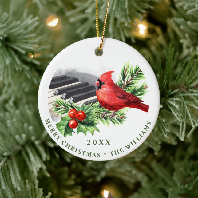 PHOTO Red Cardinal Holly Berry Christmas Holiday C Ceramic Ornament (Tree)