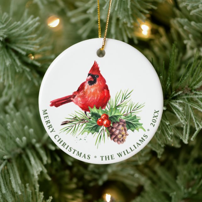 PHOTO Red Cardinal Holly Berry Christmas Holiday Ceramic Ornament (Tree)