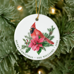 PHOTO Red Cardinal Poinsettia Christmas Holiday Ceramic Ornament