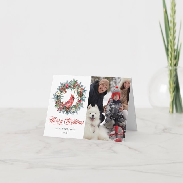 PHOTO Red Cardinal Wreath Christmas  Holiday Card (Front)