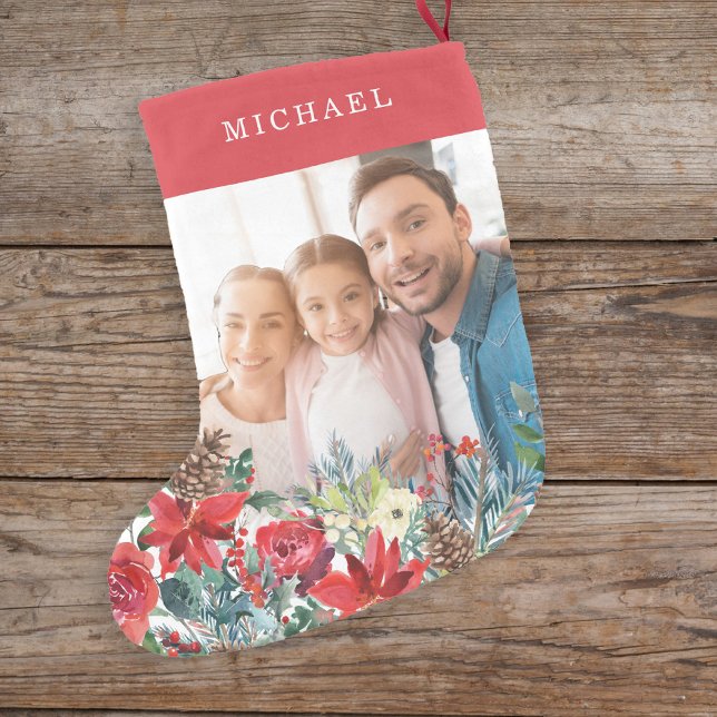 Photo red cute family rustic monogrammed  small christmas stocking (Creator Uploaded)