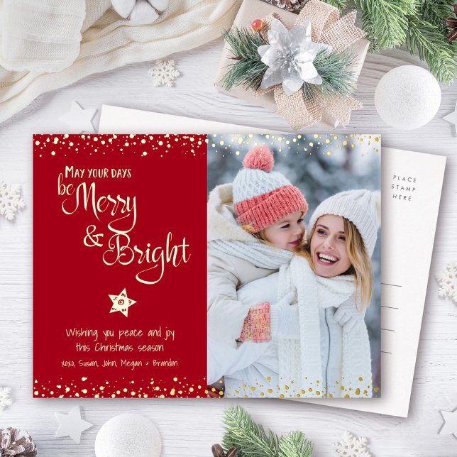 Photo Red Days Be Merry Bright Script Real Gold Foil Holiday Postcard (Creator Uploaded)