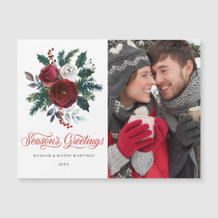 PHOTO Red Floral Christmas Holiday Magnetic Card