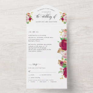 Photo, Red Floral Wedding with Perforated RSVP All In One Invitation