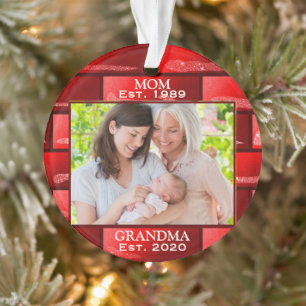 Photo Red Glitter New Grandma Est. Year Christmas Ornament