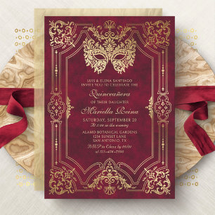 Photo Red Gold Masquerade Quinceanera Invitation