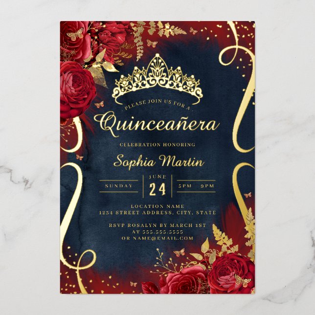 Photo Red Gold Navy Floral Scroll Quinceanera  (Front)