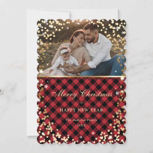 Photo Red Gold Plaid Merry Christmas and New Year Holiday Card (Front)
