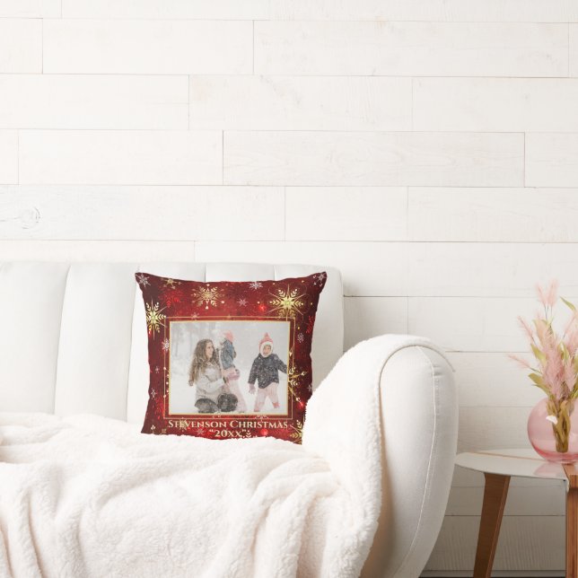 Photo Red Gold Snowflake Christmas Holiday Cushion (Couch)