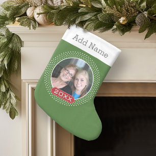 Photo Red Green Polka Dot Frame and Custom Year Small Christmas Stocking
