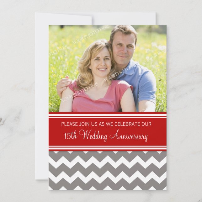 Photo Red Grey 15th Anniversary Invitation (Front)