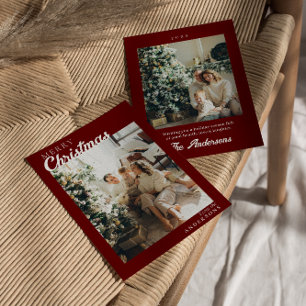 Photo Red Maroon Stylish Modern Merry Christmas Holiday Card