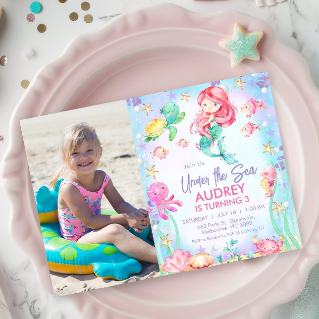Photo Red Mermaid Under the Sea 1st Birthday  Invitation (Editable Under The Sea Birthday Invitation Template, Summer Ocean Themed Birthday Invitation Girl)
