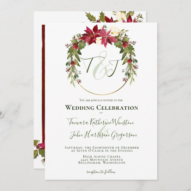 Photo Red Poinsettia Greenery Christmas Wedding Invitation (Front/Back)