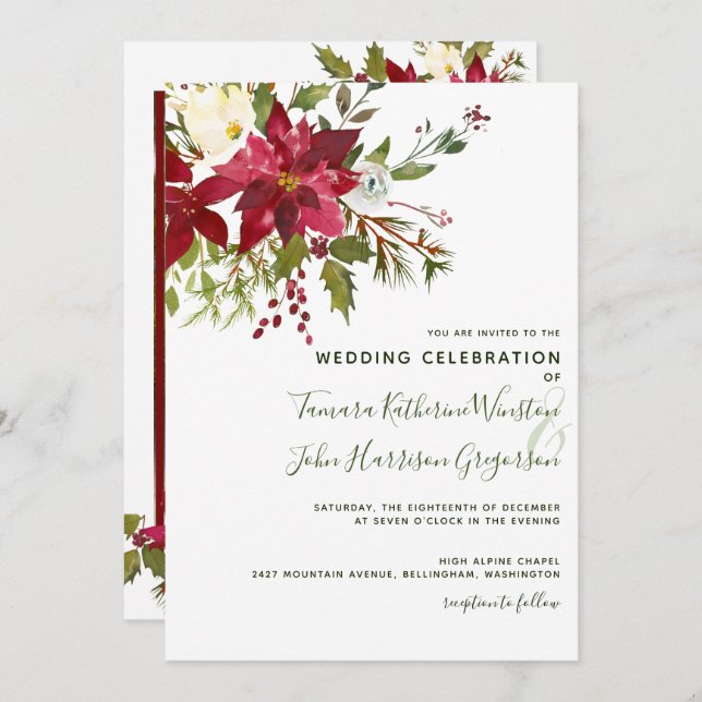 Photo Red Poinsettia Greenery Christmas Wedding Invitation (Front/Back)