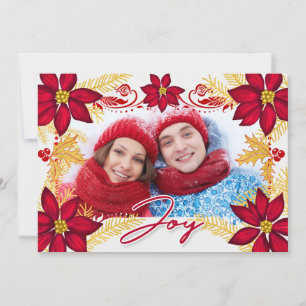 Photo Red Poinsettia Joy and Gold Pine Holiday Car Card