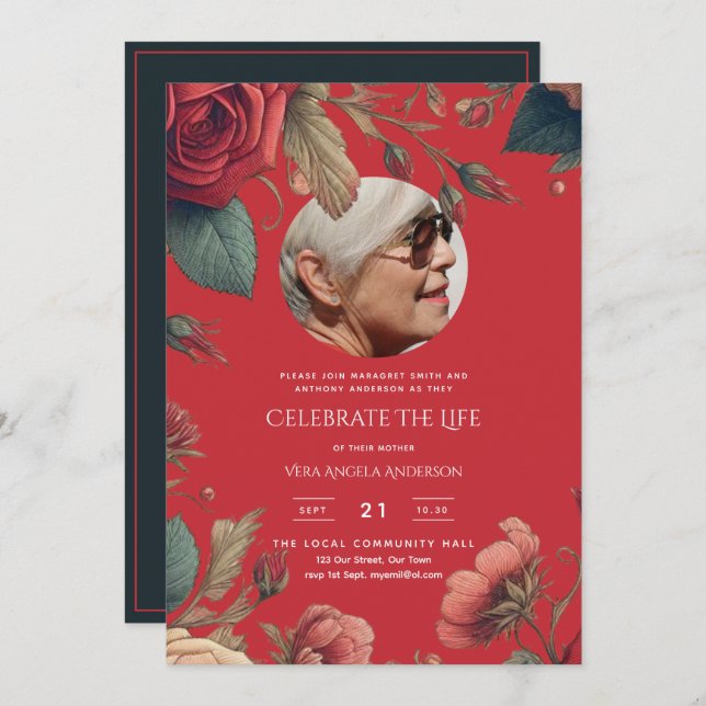 PHOTO Red Roses Celebration of Life Funeral POEM Invitation (Front/Back)