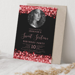 PHOTO Red Sparkles Sweet 16 Birthday Party Invitation