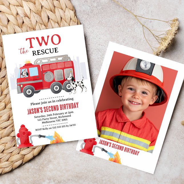 Photo Red Two The Rescue Fire Engine 2nd Birthday Invitation (Fire Truck Birthday Invitation, 
Sound The Alarm Invitation, Fire Truck Invitation Template,  Photo)