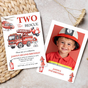 Photo Red Two The Rescue Fire Truck Birthday  Invitation
