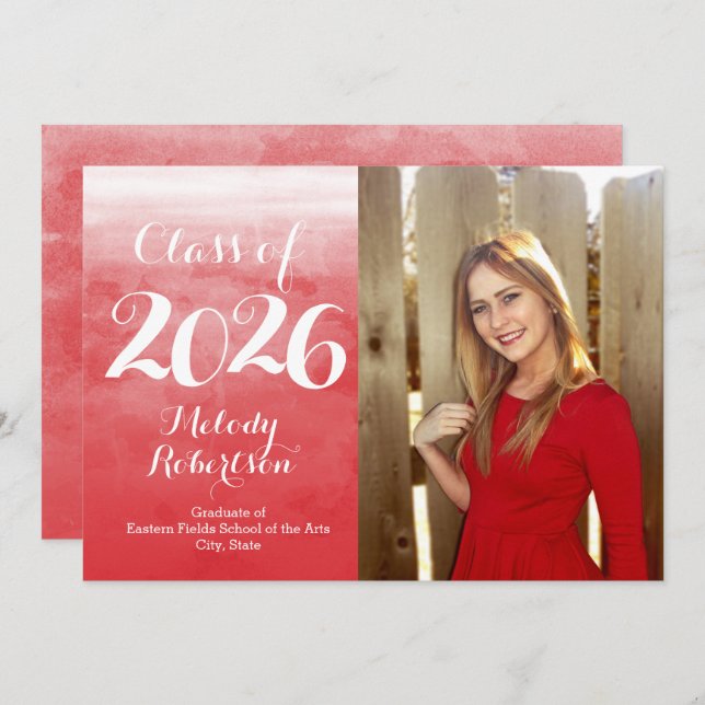 Photo Red Watercolor Class of 2019 Graduation Invitation (Front/Back)
