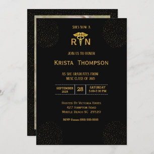 Photo Registered Nurse Graduation Black Gold Invitation