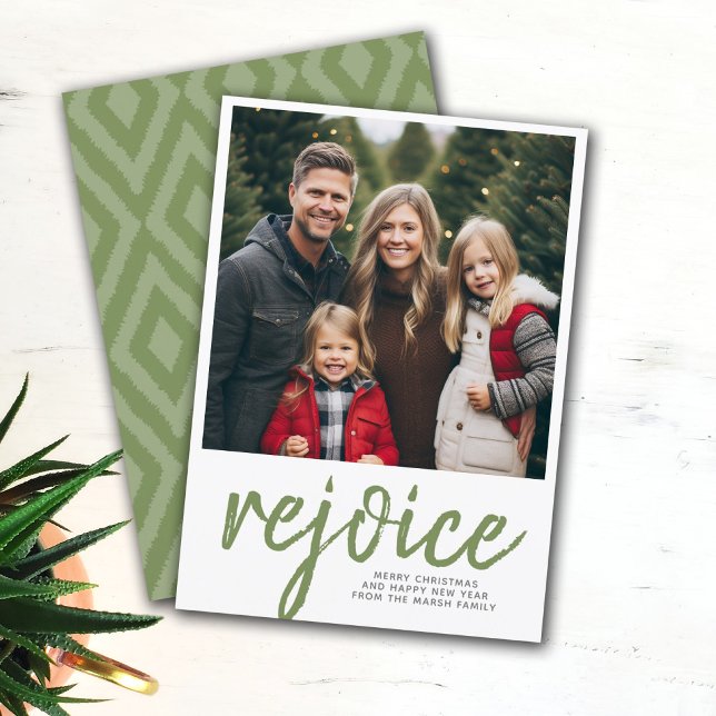 Photo Rejoice Merry Christmas Minimal Green Holiday Card (One large gallery photo Christmas card)