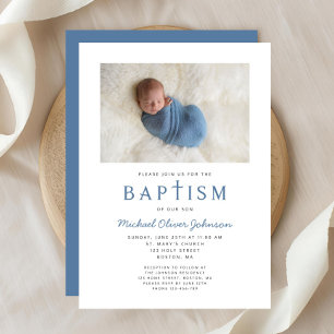 Photo Religious Cross Blue Boy Baptism Invitation