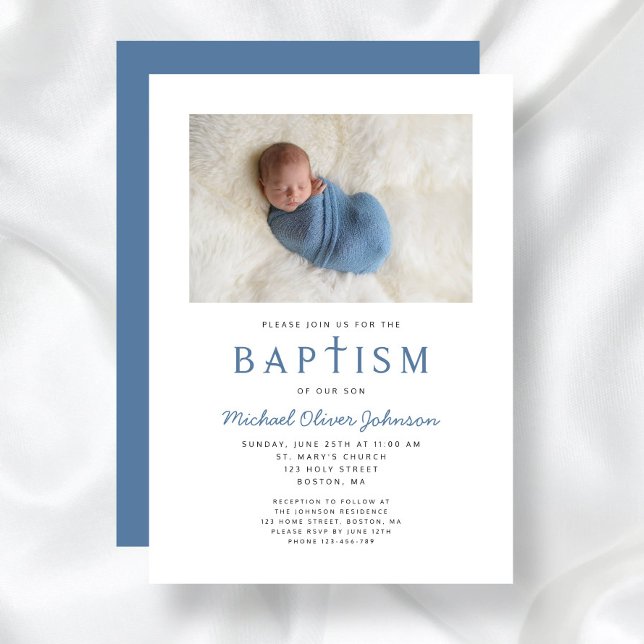 Photo Religious Cross Blue Boy Baptism Invitation (Photo Religious Cross Blue Boy Baptism Invitation)