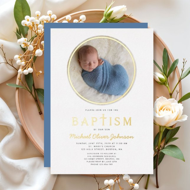 Photo Religious Cross Boy Baptism Gold (Photo Religious Cross Boy Baptism Gold Foil Invitation)