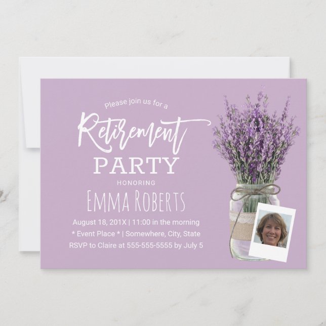 Photo Retirement Classy Lavender Floral Jar Purple Invitation (Front)