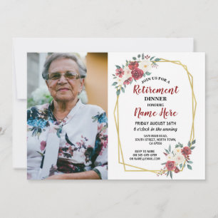 Photo Retirement Flower Red Cream Gold Winter Invitation