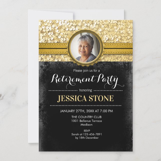 Photo Retirement - Gold Black Invitation (Front)