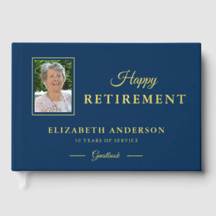 Photo Retirement Party Blue with Gold Foil Guest Book