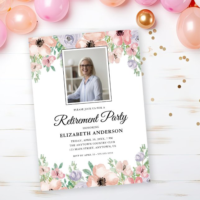 Photo Retirement Party Elegant Pastel Flowers Invitation (Creator Uploaded)