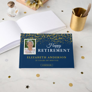 Photo Retirement Party Guests Blue & Gold Glitter Guest Book