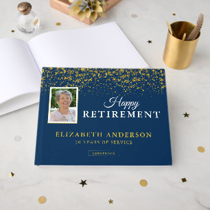 Photo Retirement Party Guests Blue & Gold Glitter Guest Book