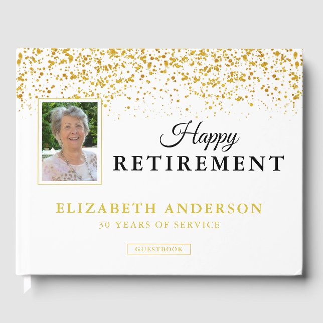 Photo Retirement Party Guests Gold Glitter Guest Book (Front)