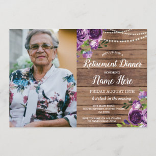 Photo Retirement Party Retire Purple Wood Flowers Invitation