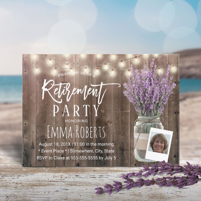 Photo Retirement Rustic Lavender Mason Jar Wood Invitation (Creator Uploaded)