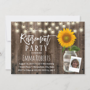 Photo Retirement Rustic Sunflower Mason Jar Wood Invitation