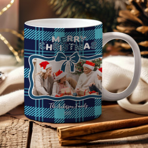Photo Retro Blue Plaid Whimsical Christmas  Coffee Mug