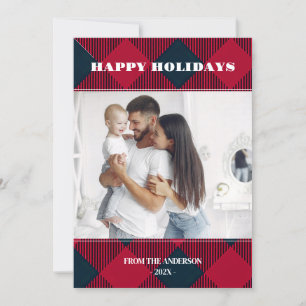 Photo Retro Christmas Plaid Greeting Holiday  Invitation