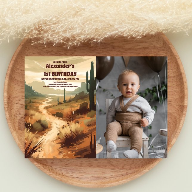 Photo Retro Desert Cactus 1st Birthday Invitation (Creator Uploaded)