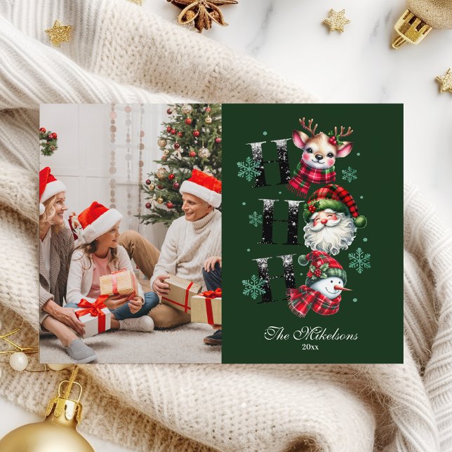Photo Retro Gingham Santa & Friends Christmas Holiday Card (Creator Uploaded)