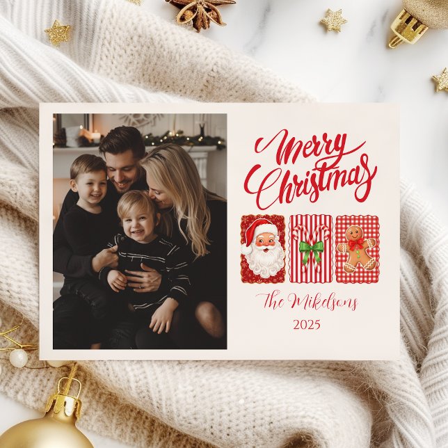 Photo Retro Gingham Santa Gingerbread Christmas Holiday Card (Creator Uploaded)