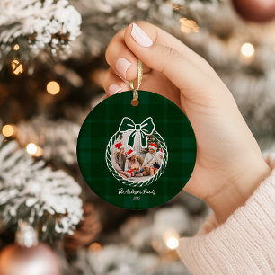 Photo Retro Green Plaid Whimsical Christmas  Ceramic Ornament