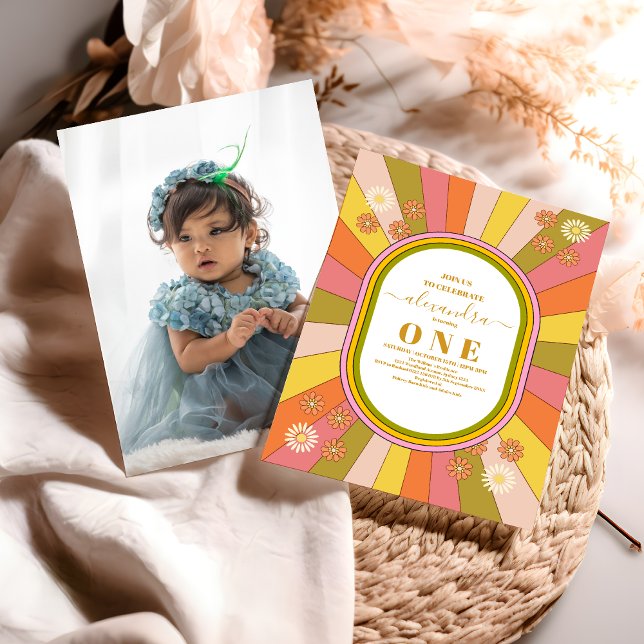 Photo Retro Groovy 70's Themed   1st Birthday Invitation (Creator Uploaded)