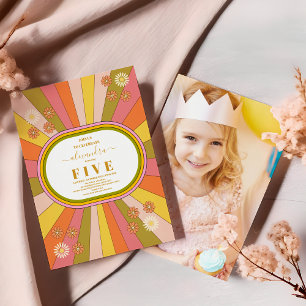 Photo Retro Groovy 70's Themed Kids Birthday Invitation